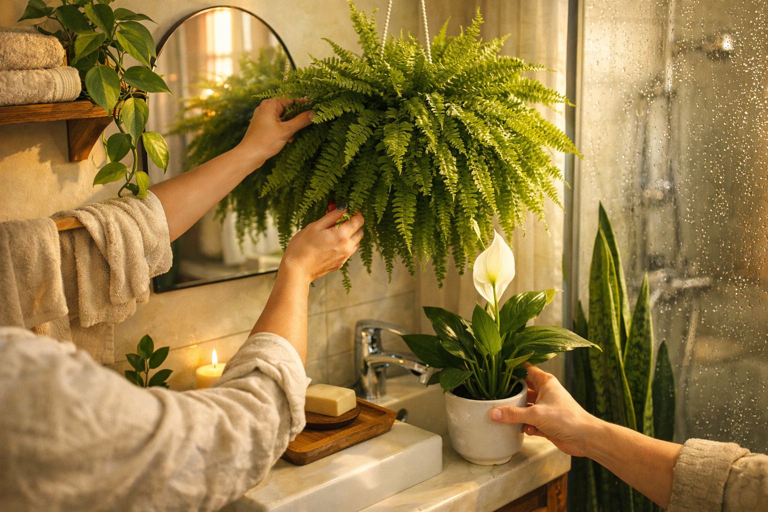 Duas mãos cuidam de uma samambaia pendurada e de um vaso com lírio da paz numa casa de banho iluminada.