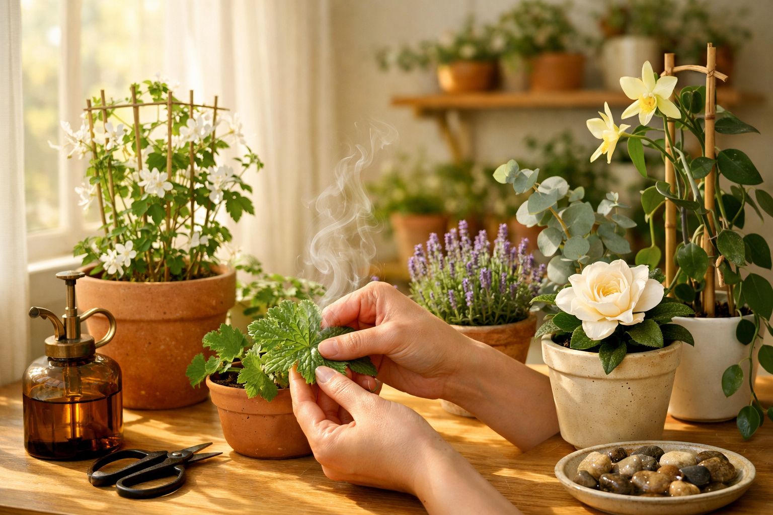 Mãos segurando folhas aromáticas fumegantes em meio a vasos de plantas, flores e um borrifador sobre a mesa de madeira.