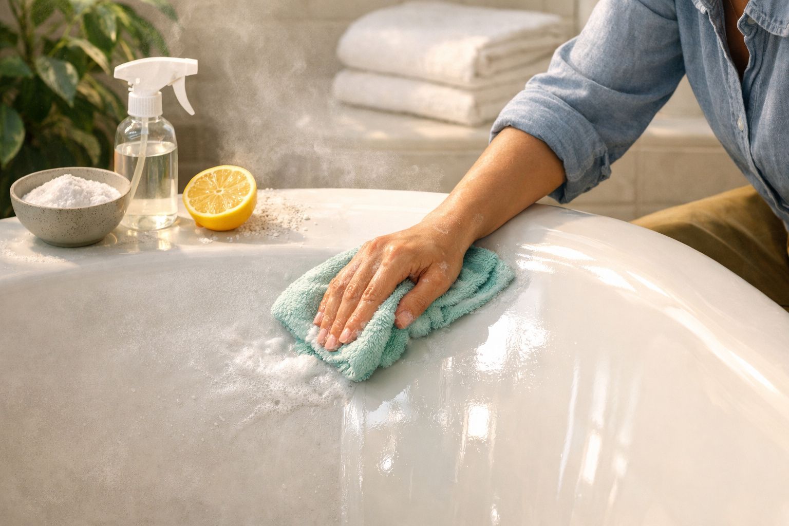 Pessoa a limpar uma banheira com um pano, limão, bicarbonato de sódio e um spray como produtos de limpeza naturais.
