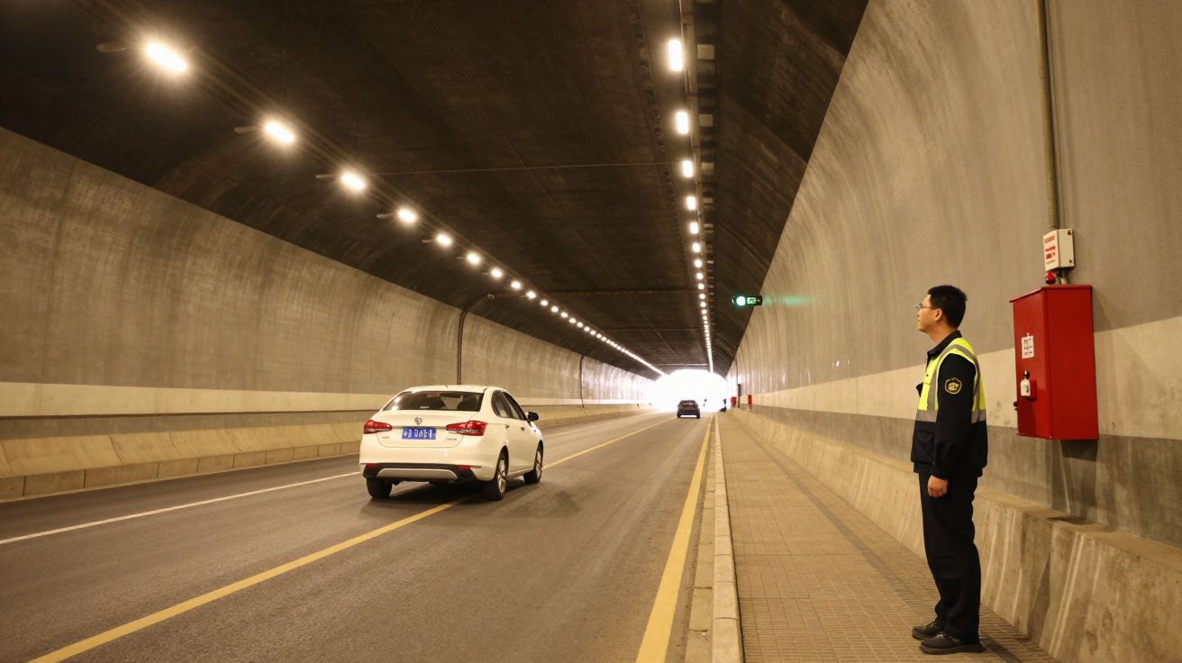 Carro branco numa estrada de túnel iluminado, com um oficial de segurança de pé ao lado, perto de uma caixa de emergência.