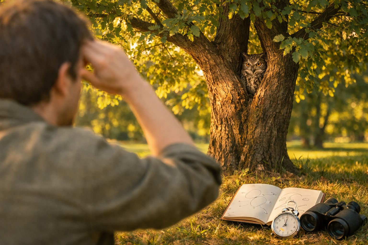 Homem sentado observa coruja numa árvore, próximo a um livro, binóculos e relógio analógico ao pôr do sol.