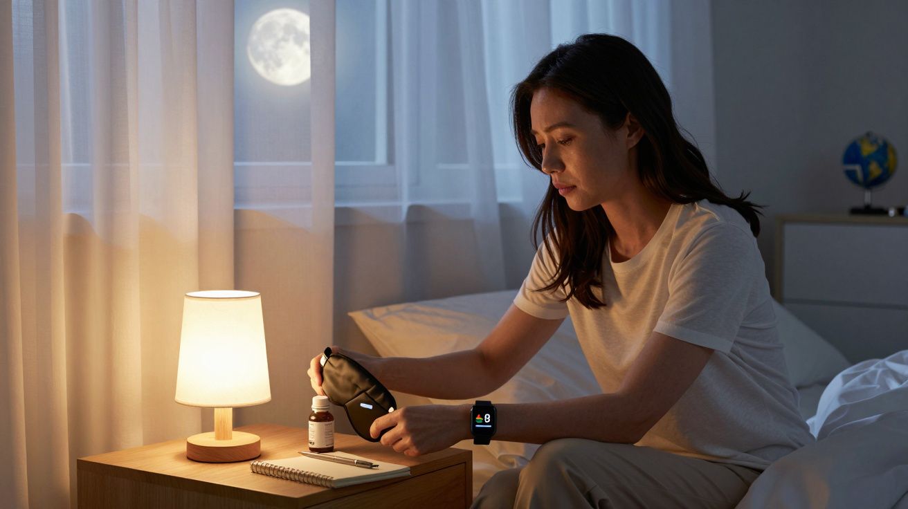 Mulher sentada na cama com relógio inteligente, ajustando máscara de dormir. Abajur aceso na mesa ao lado, lua visível pela j