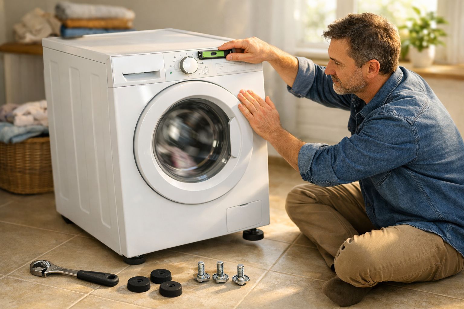 Homem a reparar uma máquina de lavar roupa na cozinha, com várias ferramentas no chão.