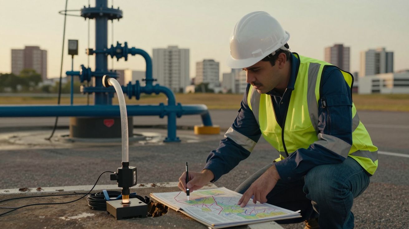 Engenheiro com colete refletor e capacete analisa mapa numa área industrial ao lado de maquinaria azul.