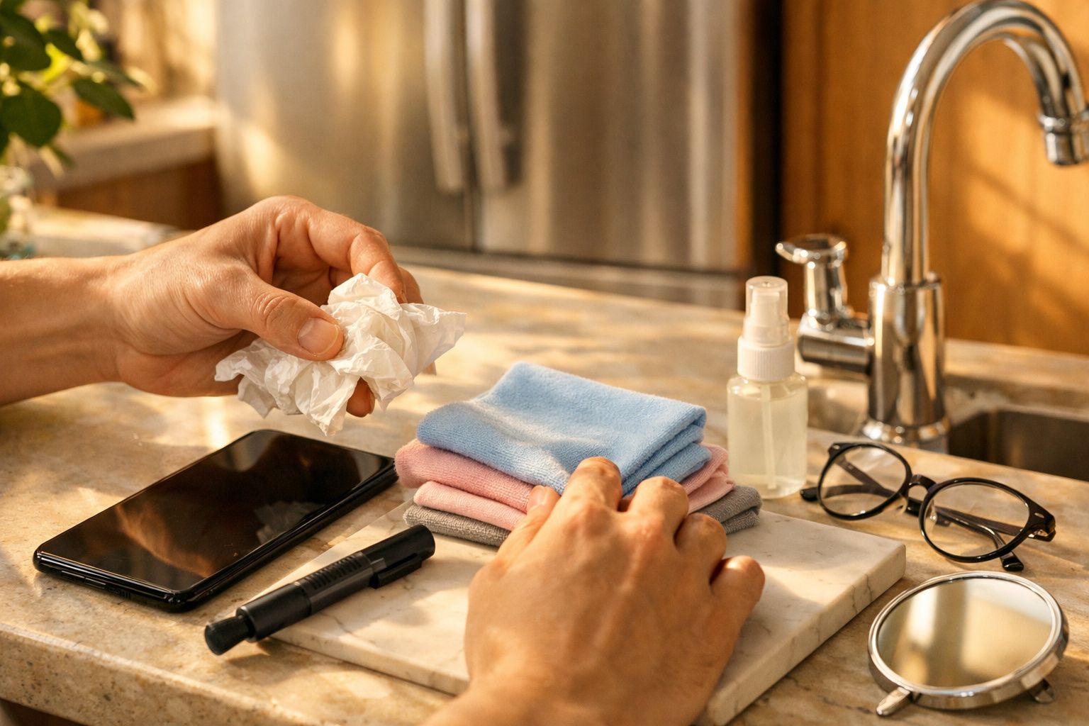 Mãos limpam um telemóvel sobre a bancada, com óculos, panos de microfibra, spray e uma caneta de limpeza ao lado.
