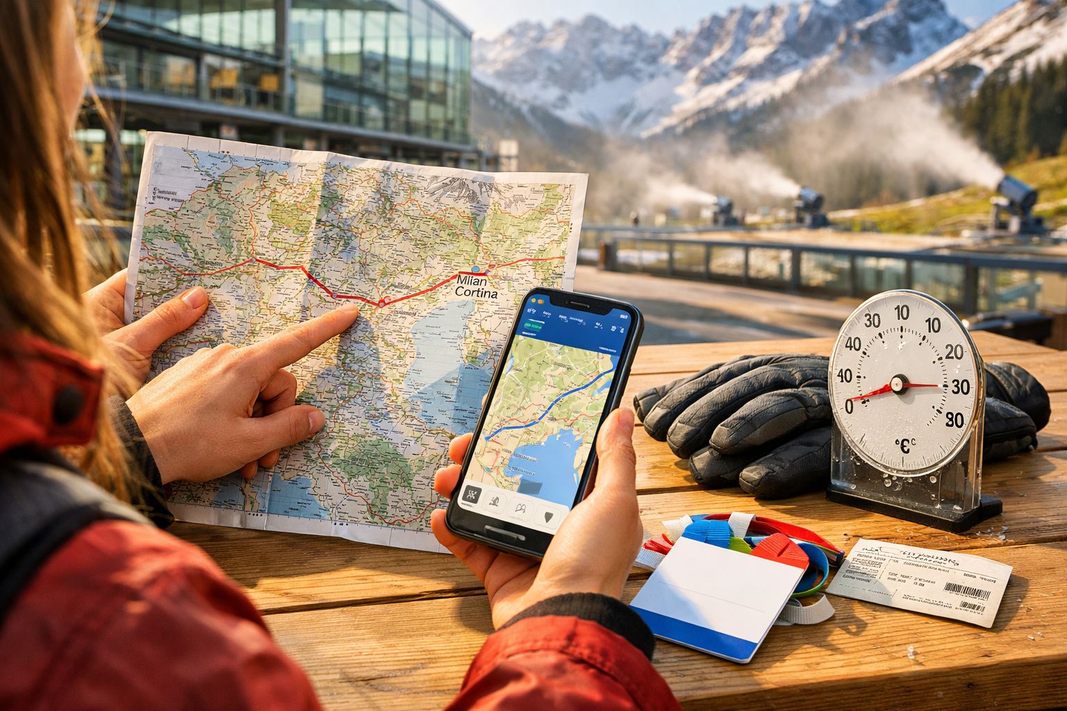 Pessoa planeia viagem montanhosa com mapa, smartphone e termómetro, rodeada de neve e edifícios modernos.