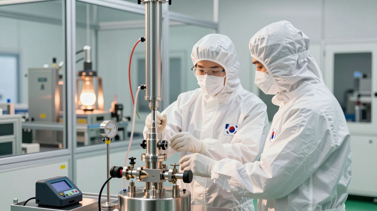 Duas pessoas em trajes de proteção manipulam equipamento científico em laboratório estéril.