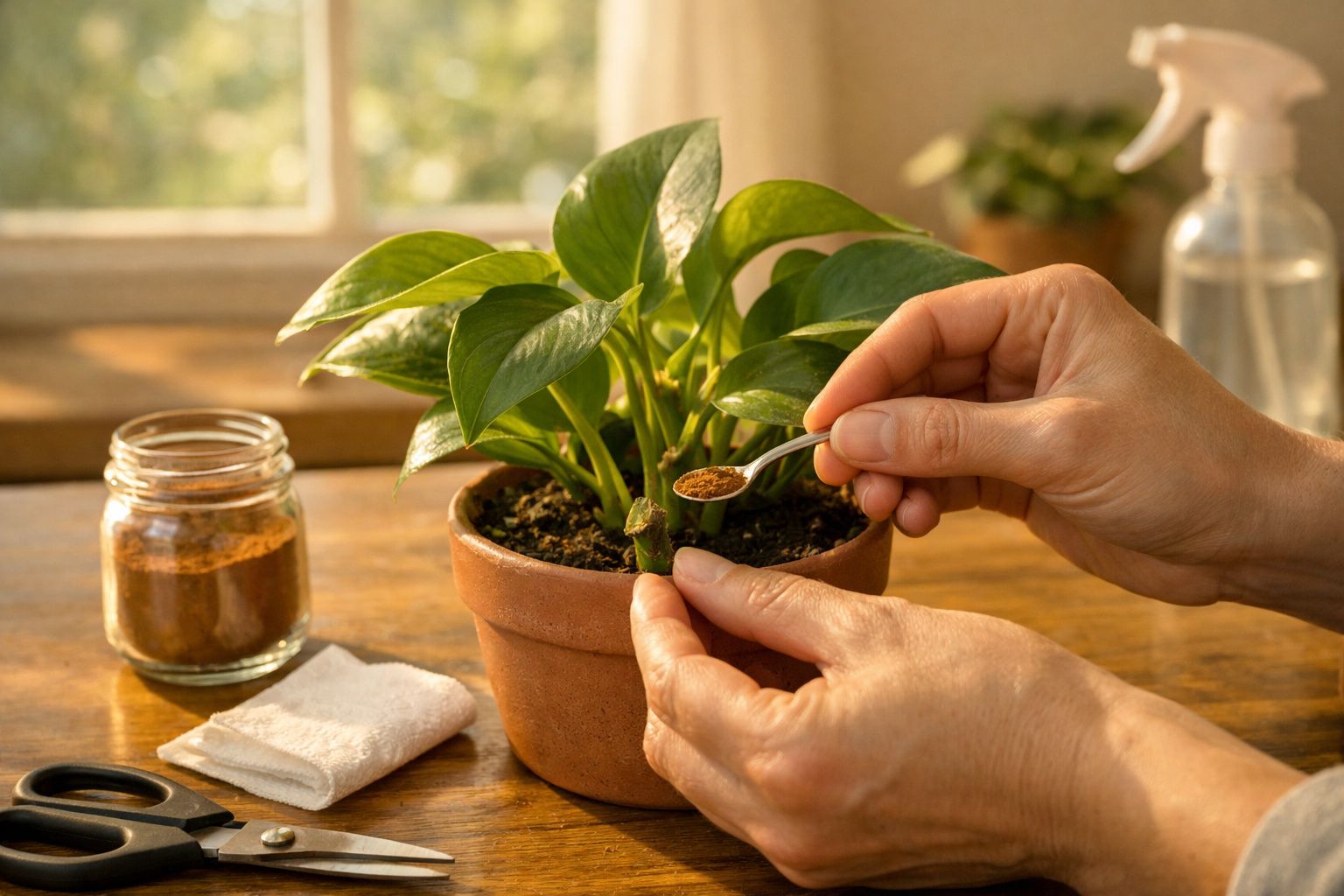 Pessoa adubando planta em vaso com colher pequena, jarro de fertilizante e borrifador ao fundo.