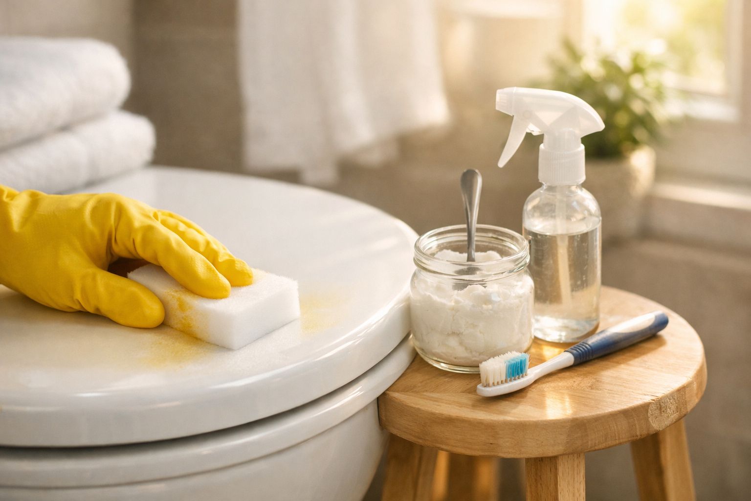 Mão com luva amarela a limpar sanita com esponja, ao lado de pote, frasco spray e escova de dentes sobre um banco.