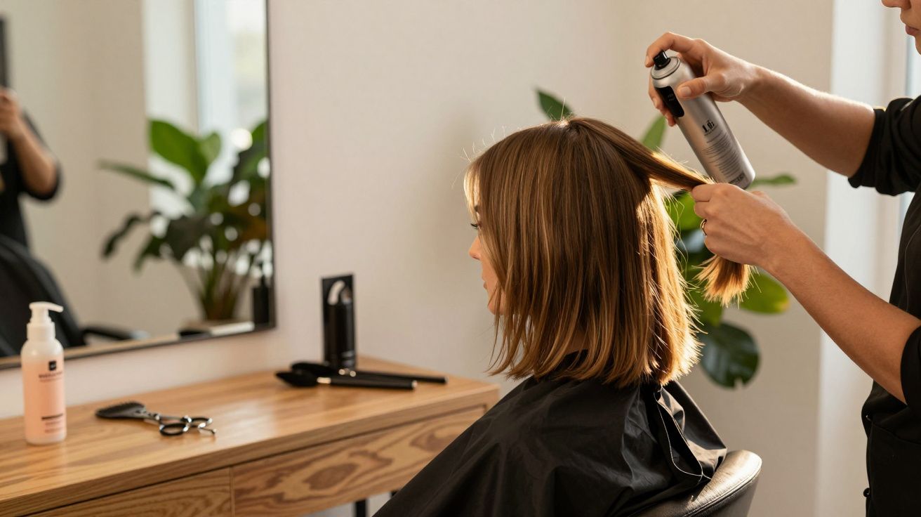 Mulher num cabeleireiro enquanto lhe aplicam spray no cabelo, com mesa de madeira e cadeiras verdes ao fundo.