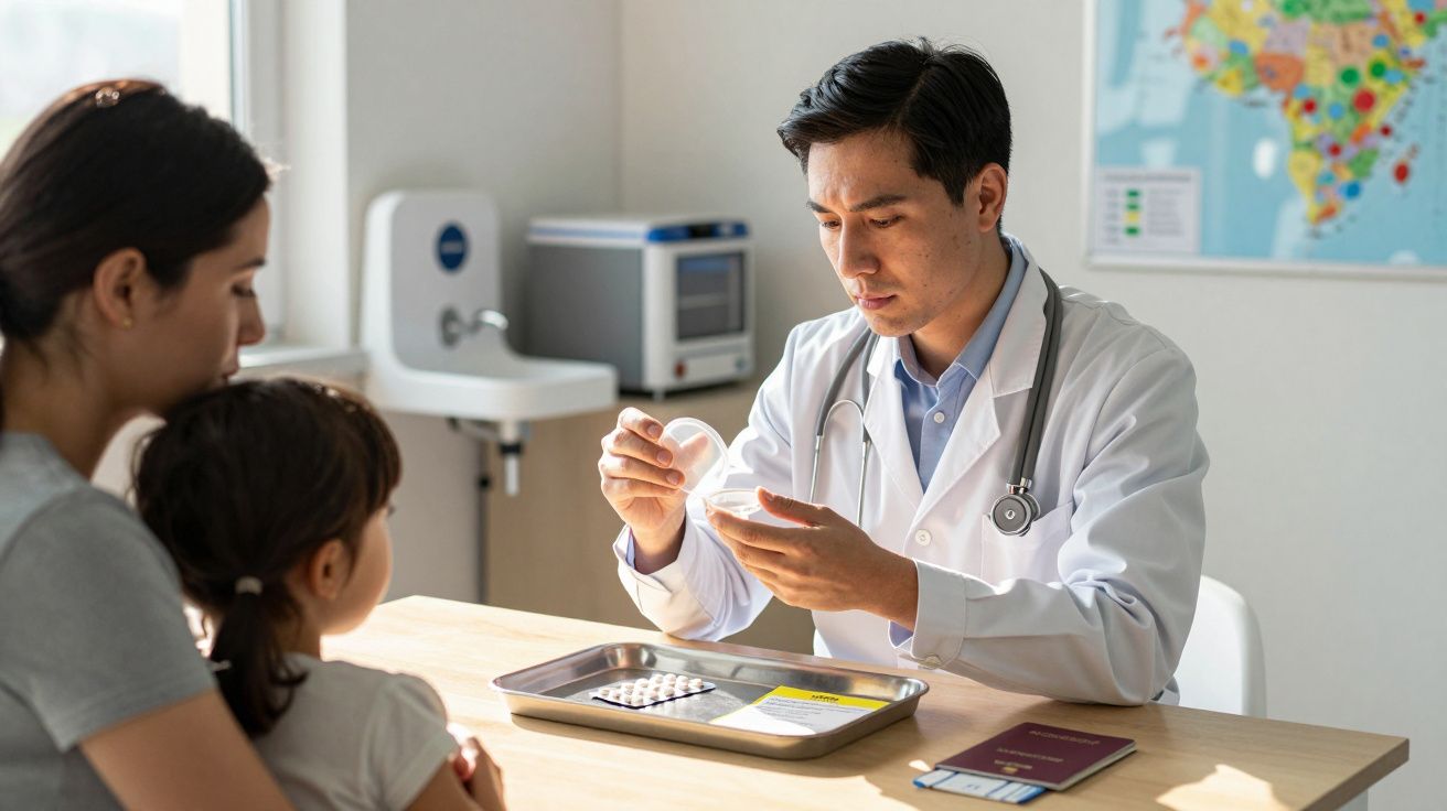 Médico examina embalagem de comprimidos enquanto mãe e filha observam em consultório iluminado por janela.