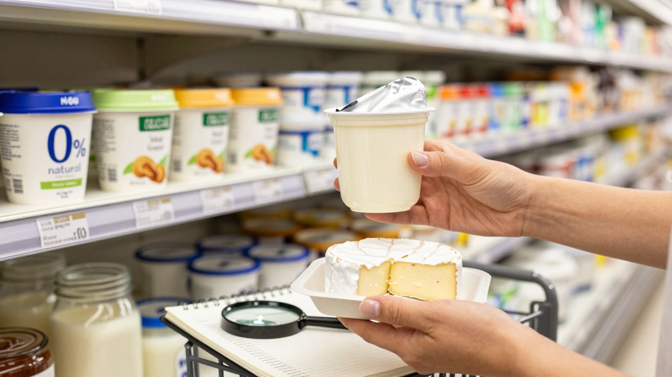 Pessoa segura iogurte e queijo numa prateleira de supermercado com produtos lácteos ao fundo.