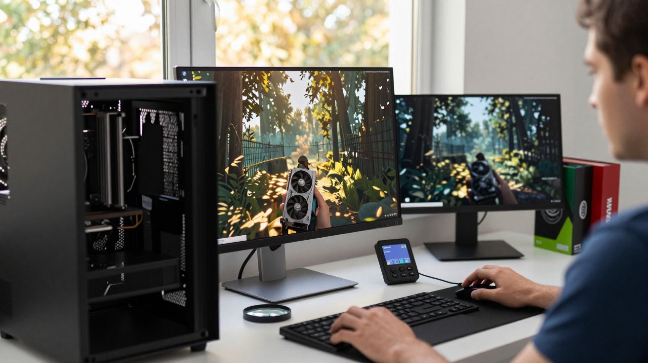 Homem a jogar videojogo num computador de secretária com dois monitores e torre aberta ao lado.