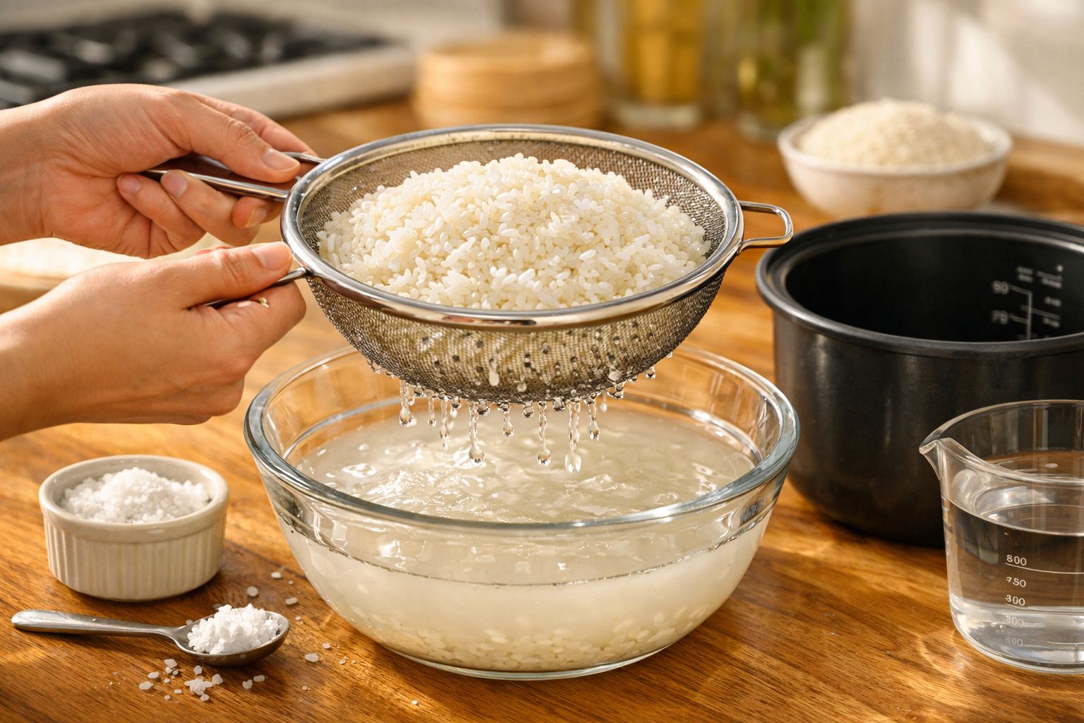 Mãos a coar arroz lavado em passador, com tigela de água por baixo, em cozinha com vários utensílios ao redor.