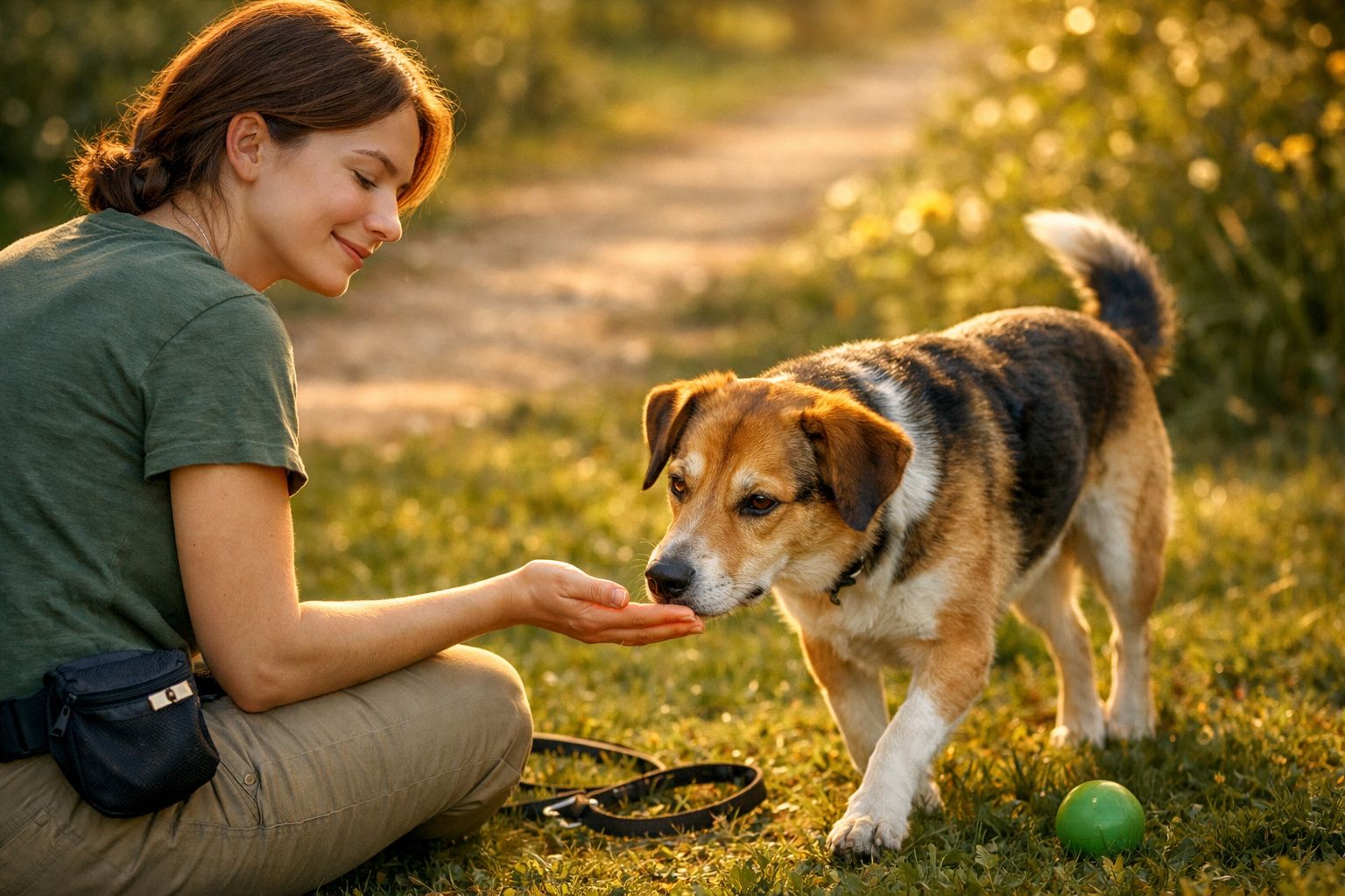 Mulher jovem alimenta cão na relva, num cenário ensolarado. Cão cheira a mão dela, com coleira no chão.