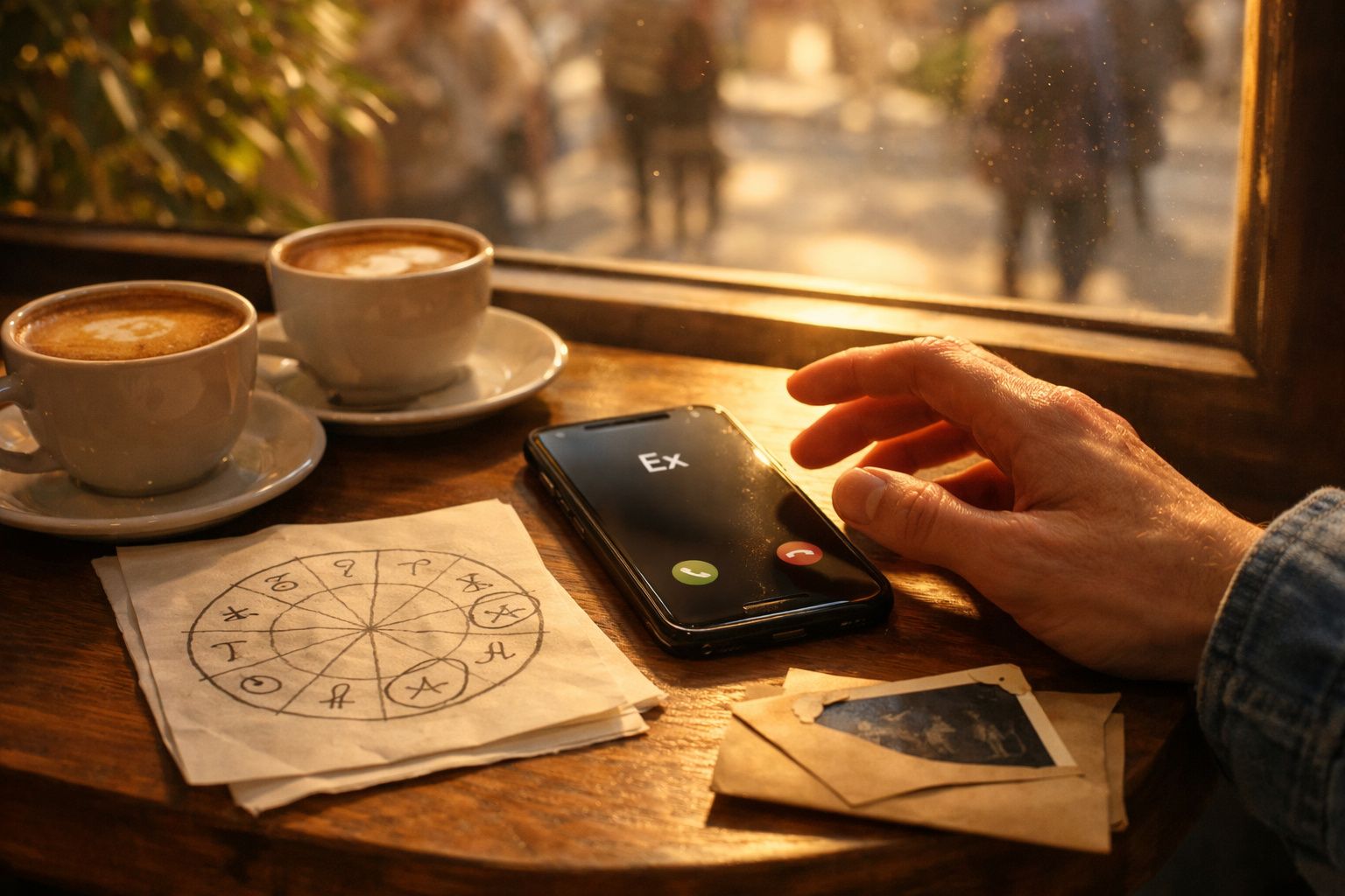 Mão ao lado de um telemóvel a tocar "Ex" numa mesa com dois cafés e um guardanapo com símbolos do zodíaco.