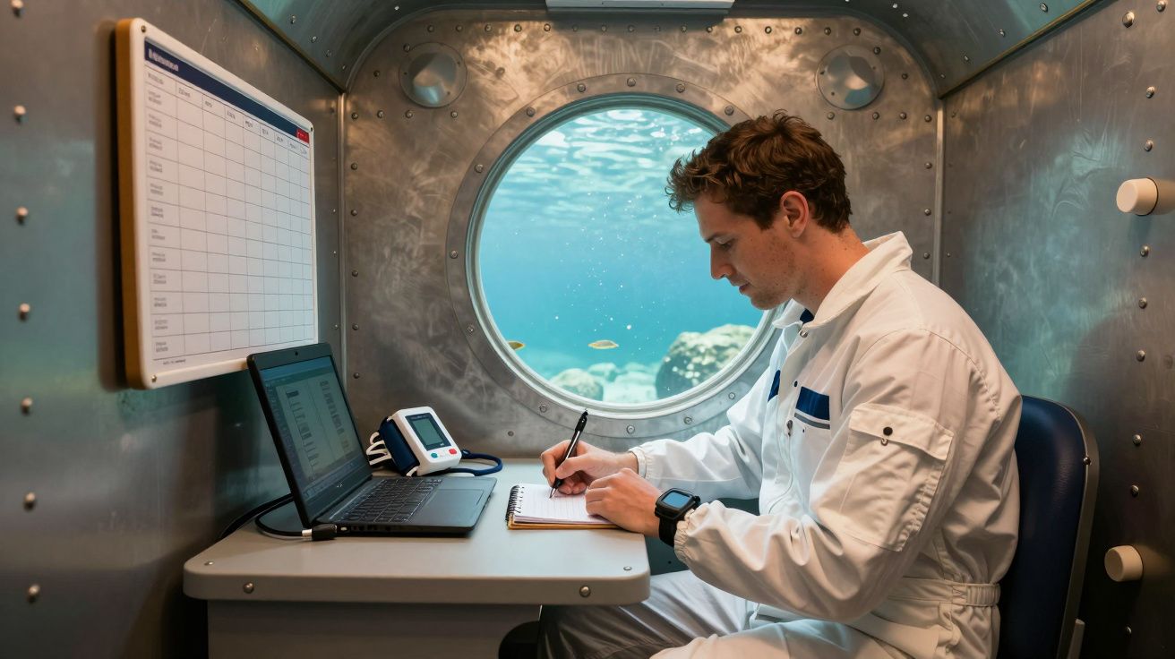 Homem escreve em caderno numa cápsula subaquática, com janela mostrando o mar ao fundo; computador e equipamento na mesa.