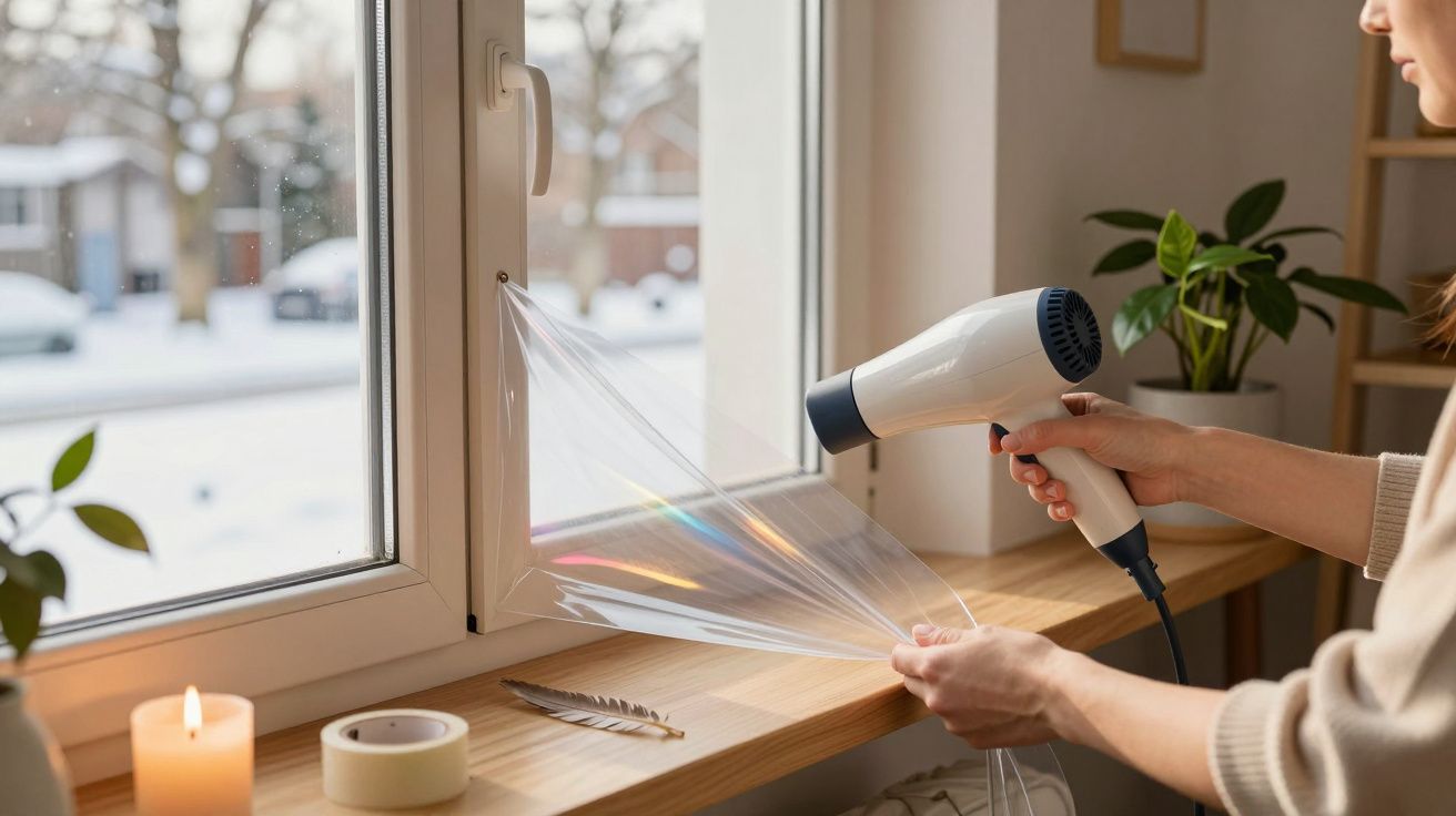 Pessoa usa secador para aplicar película térmica em janela. Mesa com vela, fita adesiva e planta.