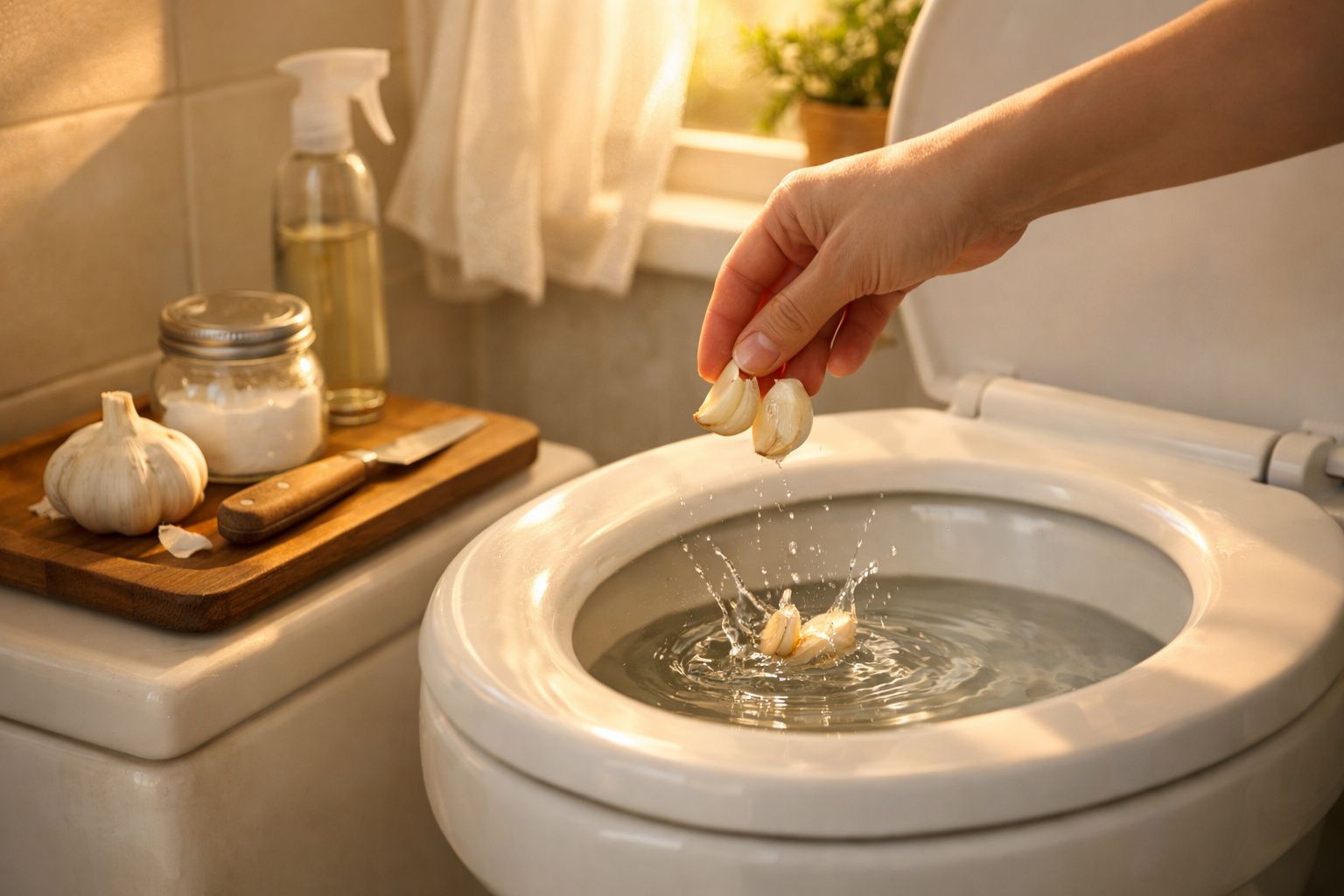Mão a lançar dentes de alho em sanita, com bancada de madeira e frascos ao fundo.