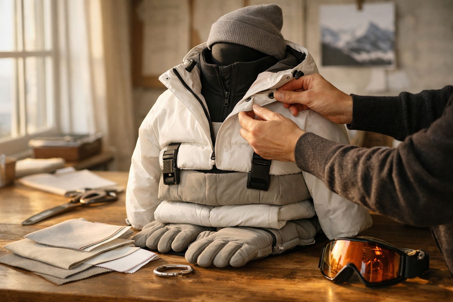 Pessoa ajusta casaco de inverno branco com luvas e gorro ao lado de óculos de neve numa mesa de madeira.