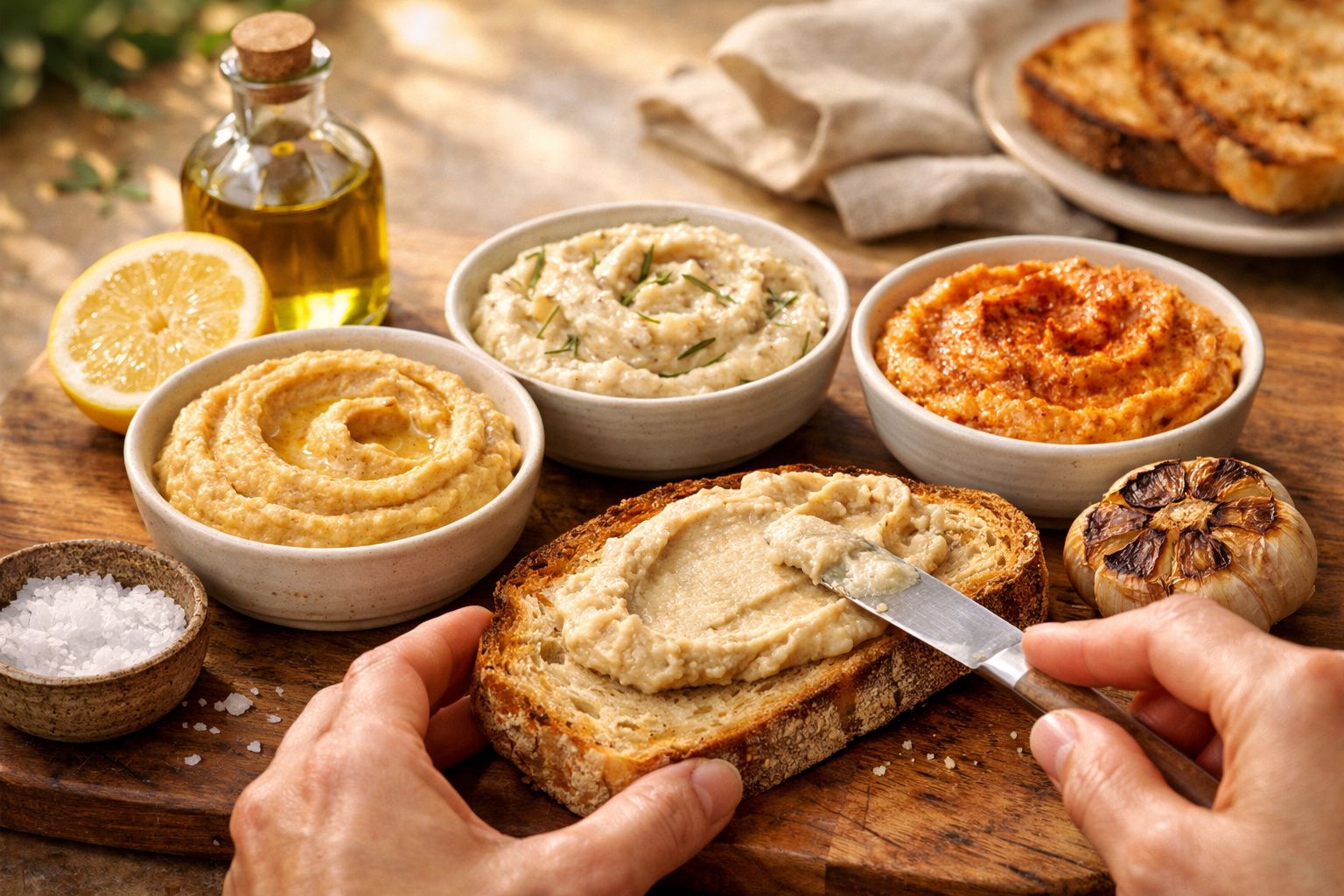 Mão a barrar húmus em fatia de pão. Quatro tigelas de húmus variadas, limão, azeite e alho assado ao fundo.