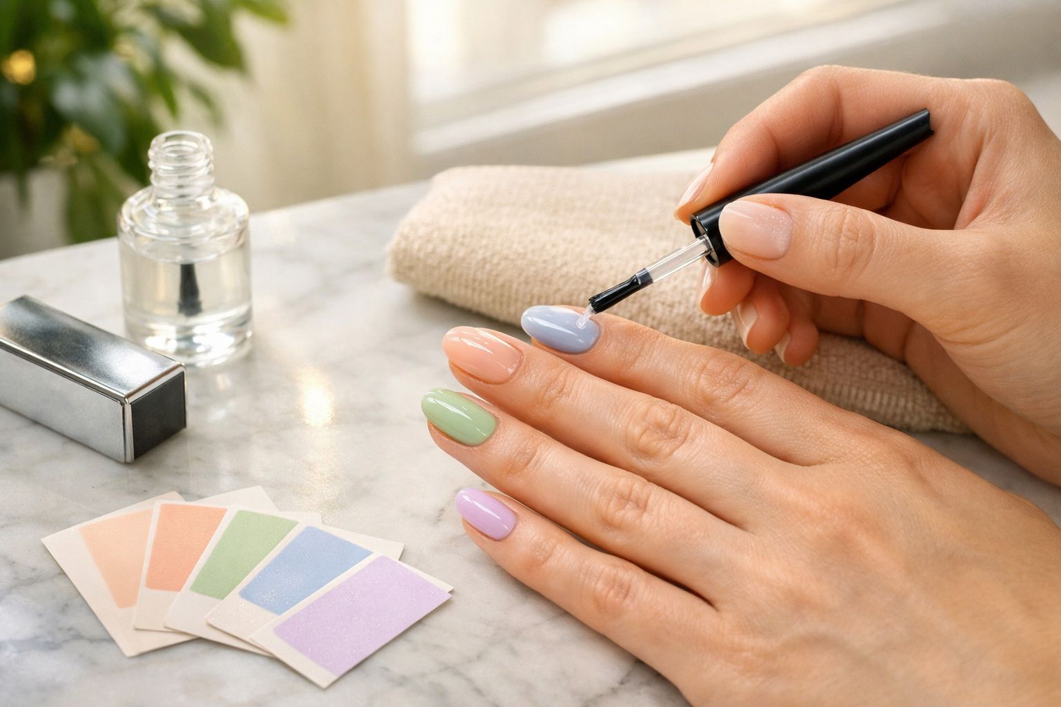 Mão a aplicar verniz azul claro nas unhas, já coloridas, sobre mesa com amostras de cores e frasco de verniz.