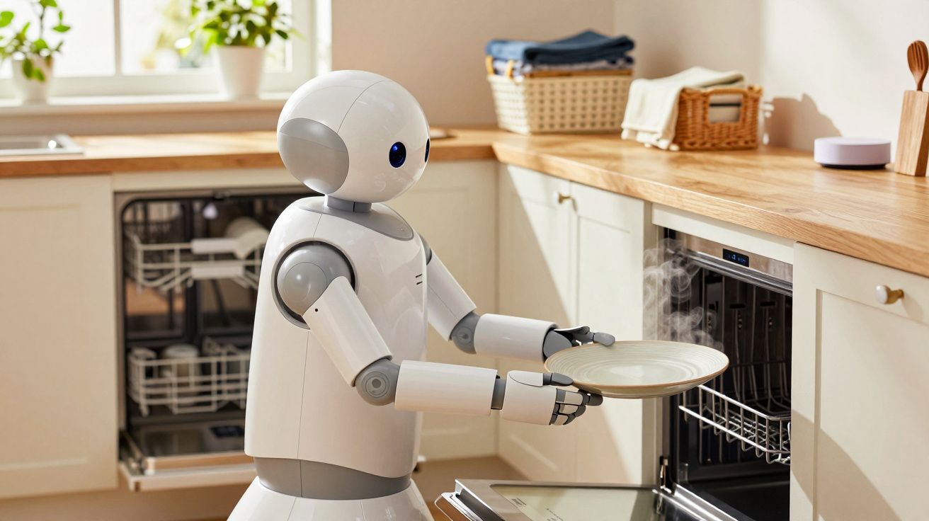 Robô em cozinha moderna coloca prato na máquina de lavar louça com vapor à volta.