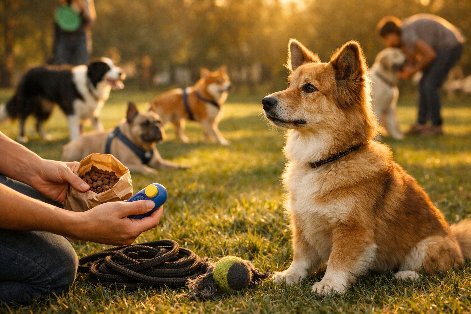 Cão sentado na relva ao lado de bolas e corda, observando uma pessoa a segurar ração e um brinquedo. Outros cães ao fundo.