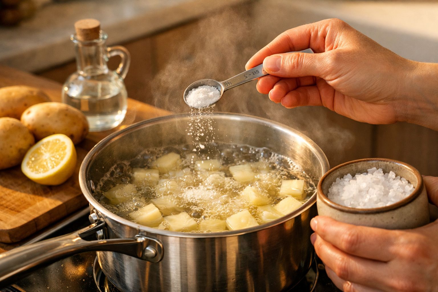Mão a adicionar sal a uma panela com água e batatas a ferver, com limão e batatas ao fundo.