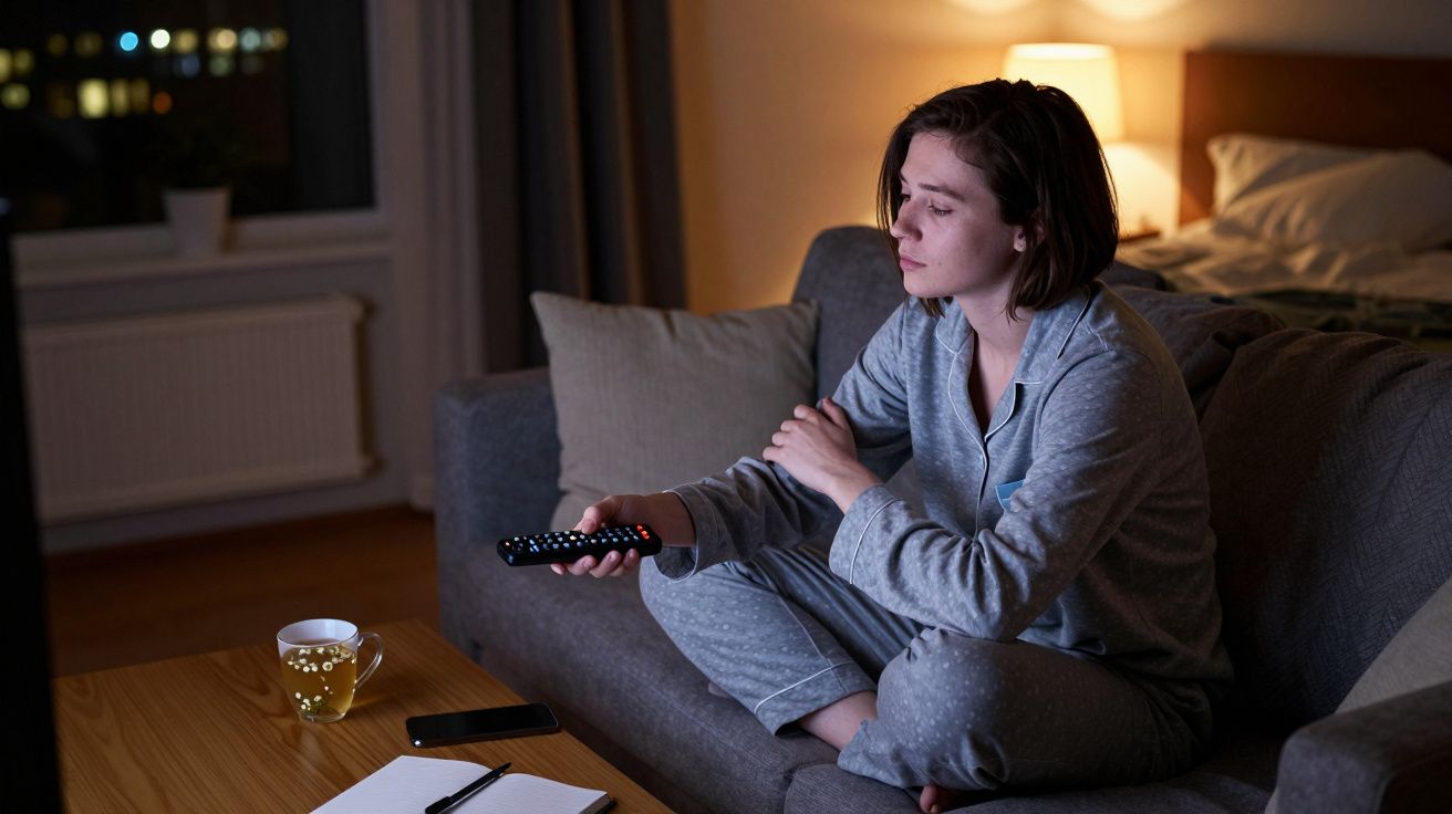 Mulher de pijama no sofá, segurando comando remoto e olhando para a televisão, numa sala iluminada suavemente.