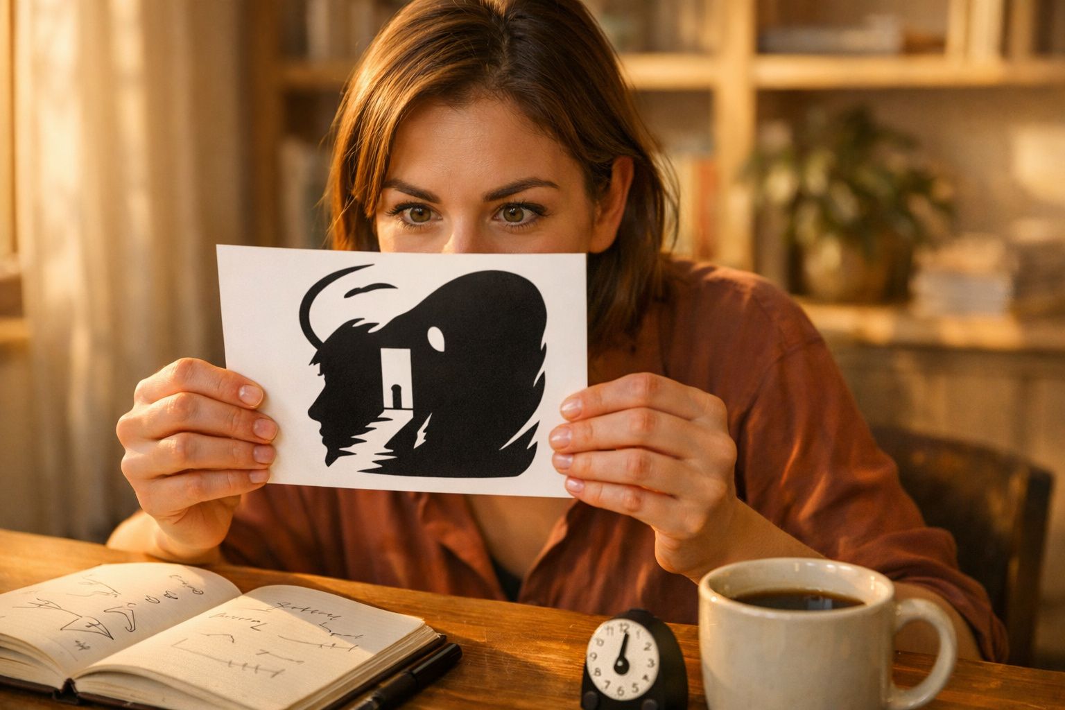 Mulher segura papel com ilusão de ótica, sentada à mesa com chávena de café e caderno aberto ao fundo.