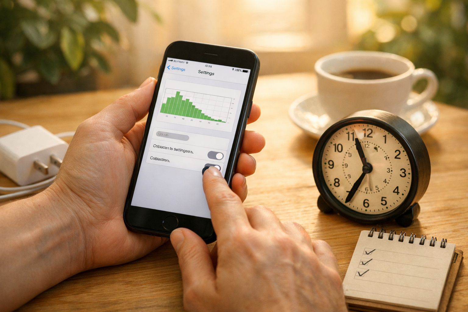 Pessoa ajusta definições no smartphone, ao lado de relógio analógico, caderno com lista e chávena de café.