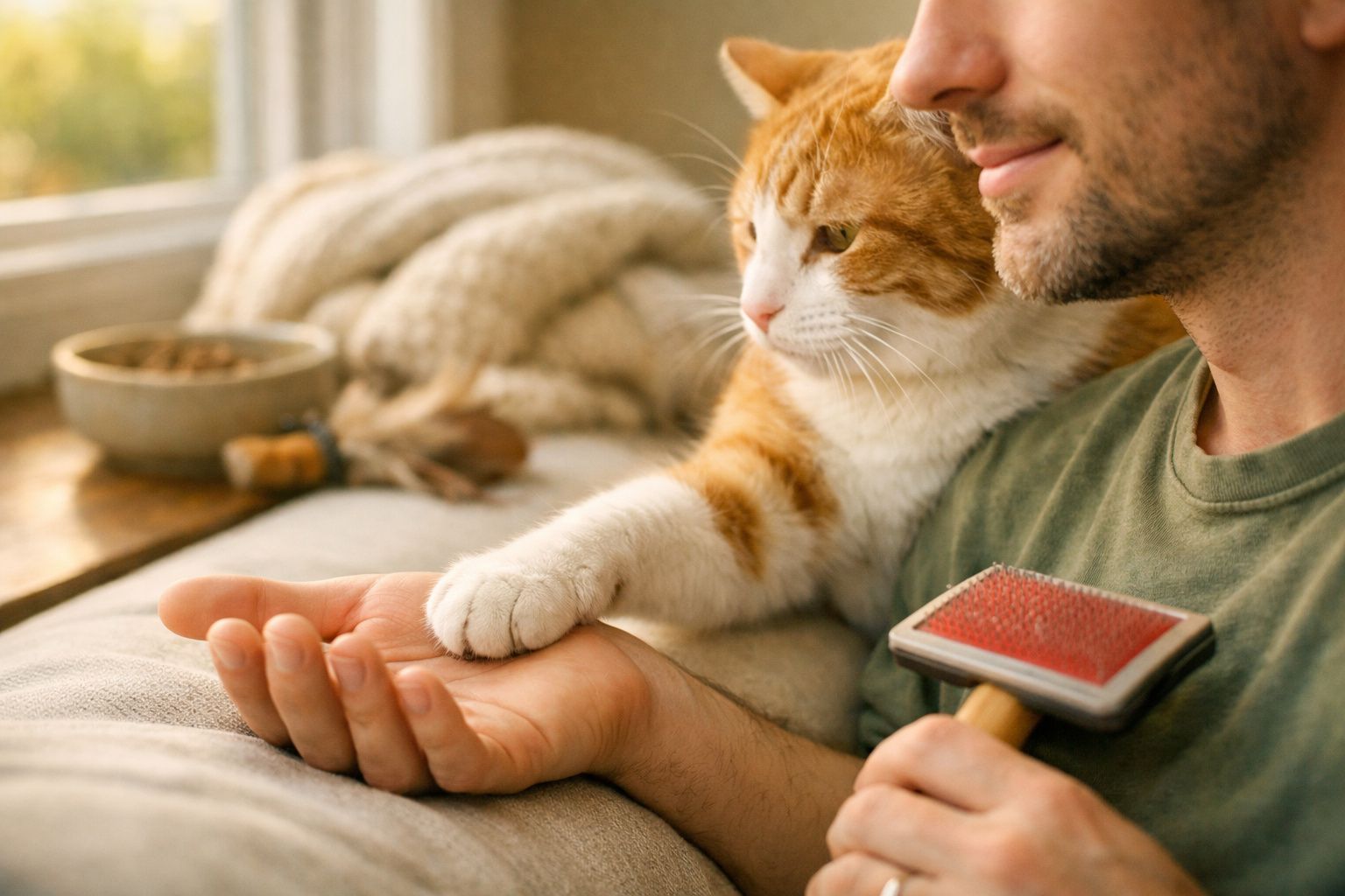 Homem segura uma escova de pelos enquanto um gato laranja e branco toca sua mão numa sala aconchegante.
