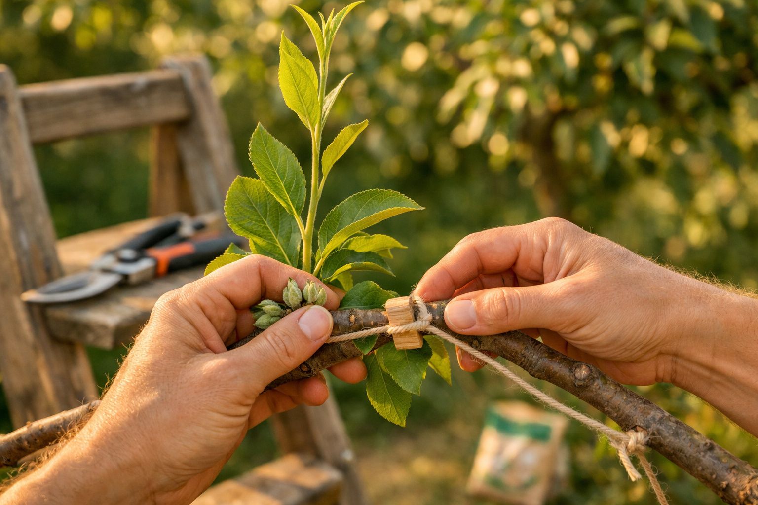 Mãos a enxertar um ramo verdejante numa árvore com cordel, ao ar livre, com tesouras de poda ao fundo.