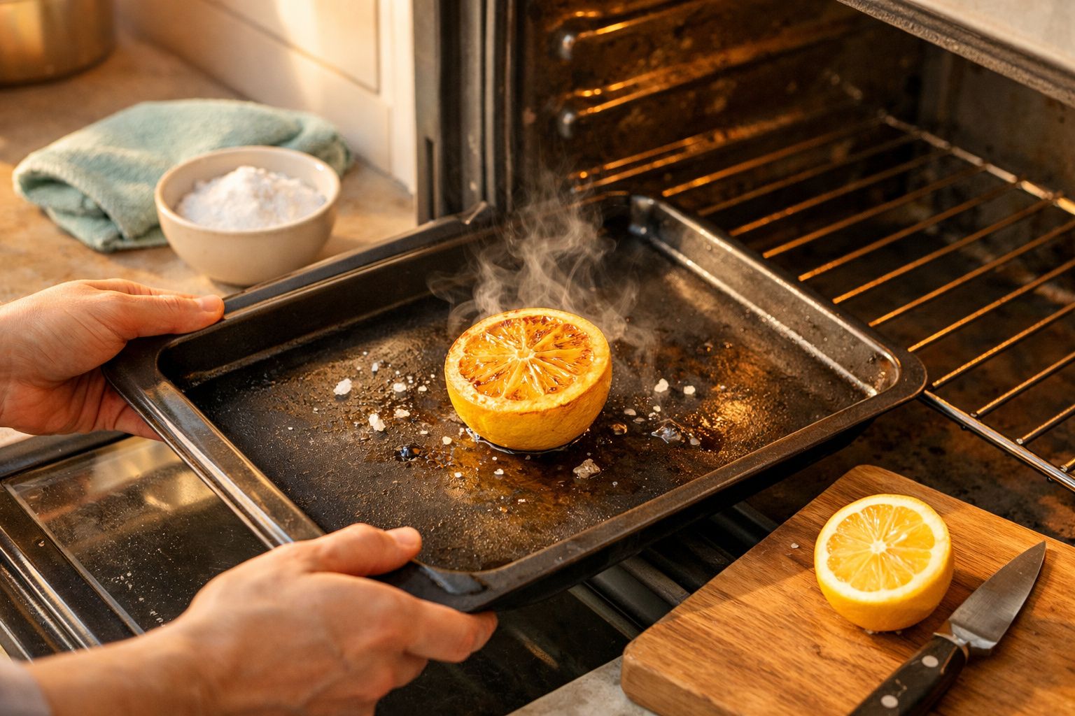 Mão segura tabuleiro com meio limão torrado, fumegante, perto de um forno; pó branco em tigela ao fundo.