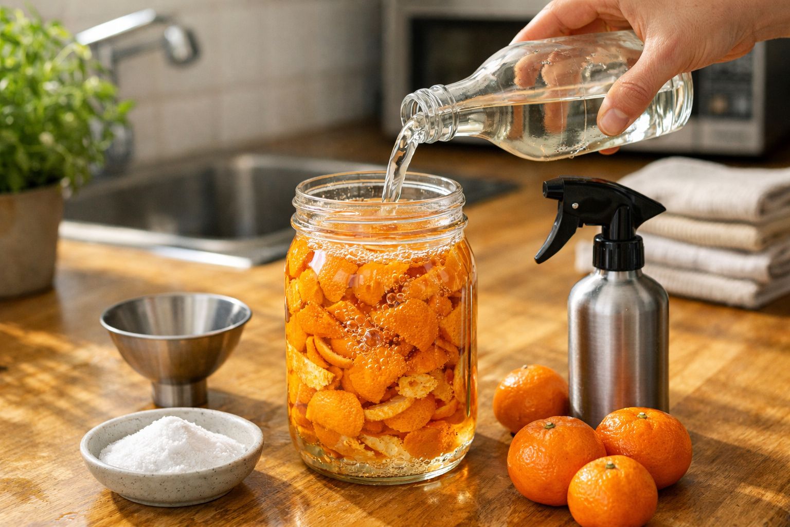 Mão a verter líquido em frasco com cascas de laranja. Ao lado, taça metálica e frasco spray.
