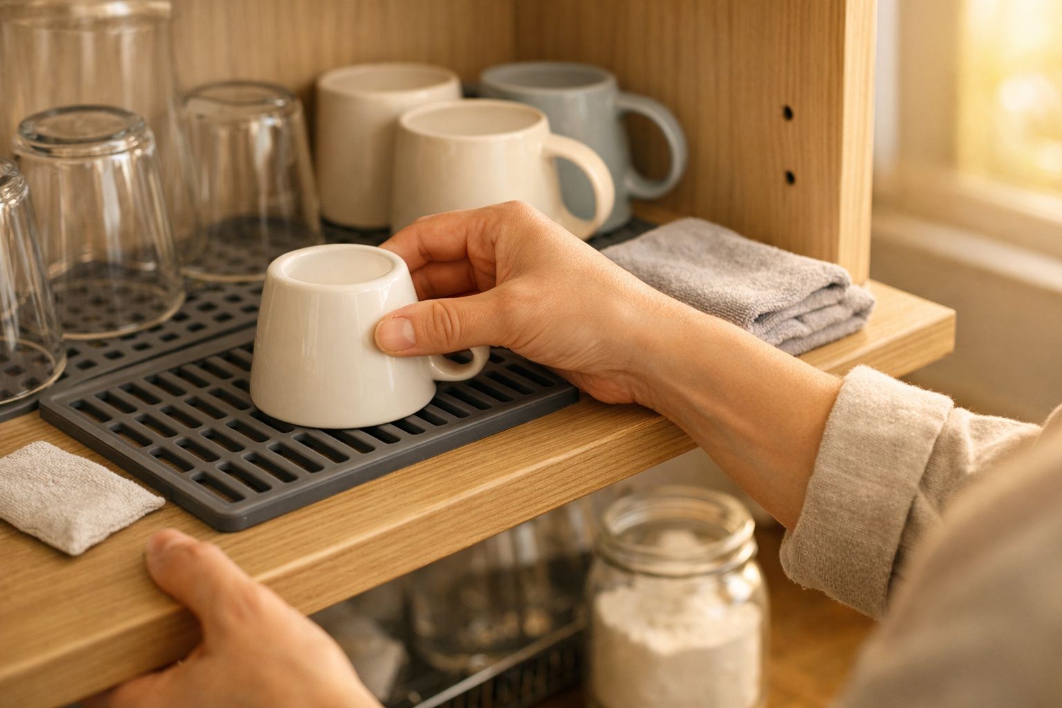 Mão a colocar uma chávena branca num escorredor de pratos, rodeada de copos e chávenas numa prateleira de madeira.