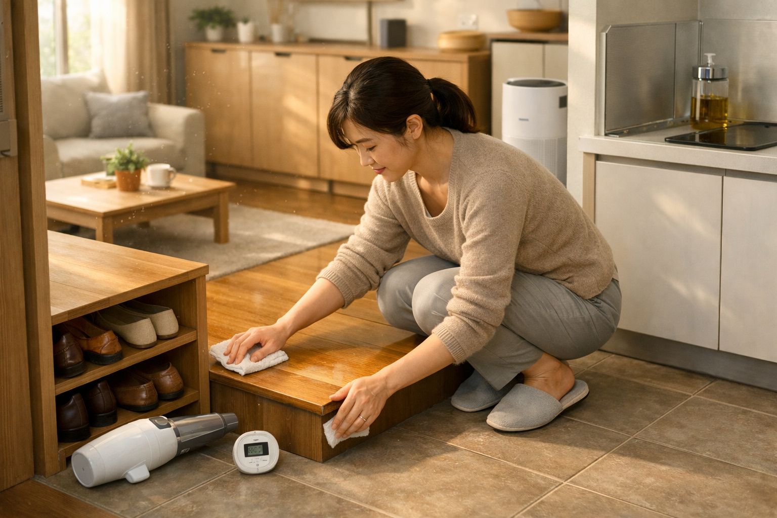 Mulher a limpar prateleira de madeira em casa com pano; sapatos ao lado e aspirador portátil no chão.