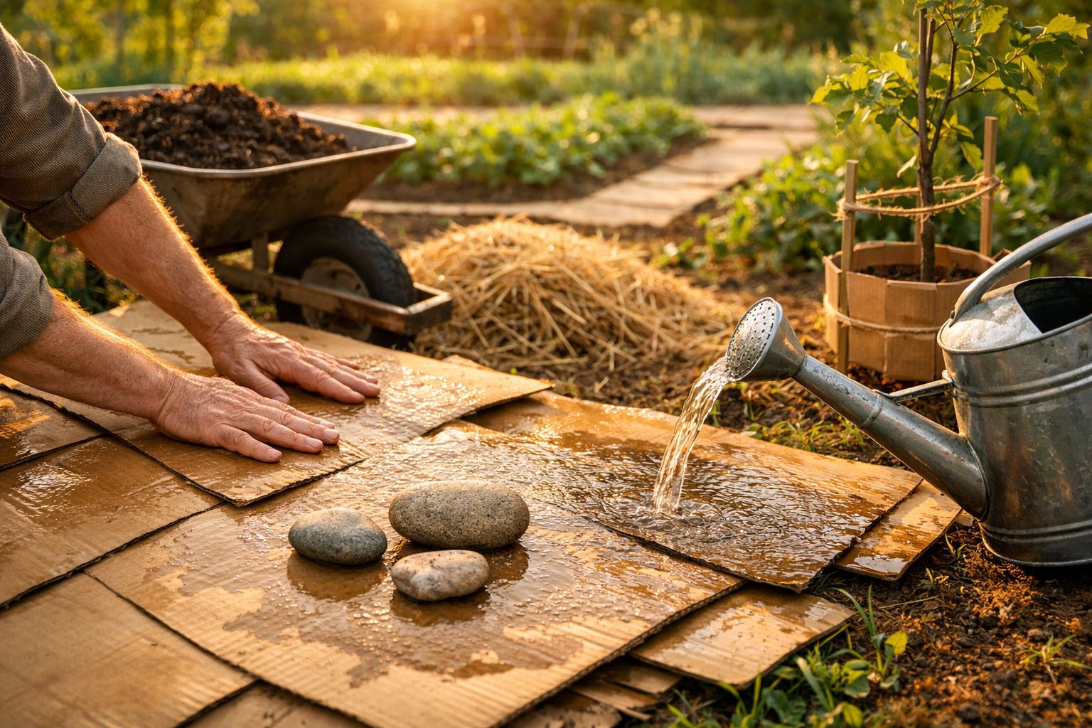 Mãos colocam cartão no solo, regado por regador, com pedras e carrinho de mão ao fundo no jardim.