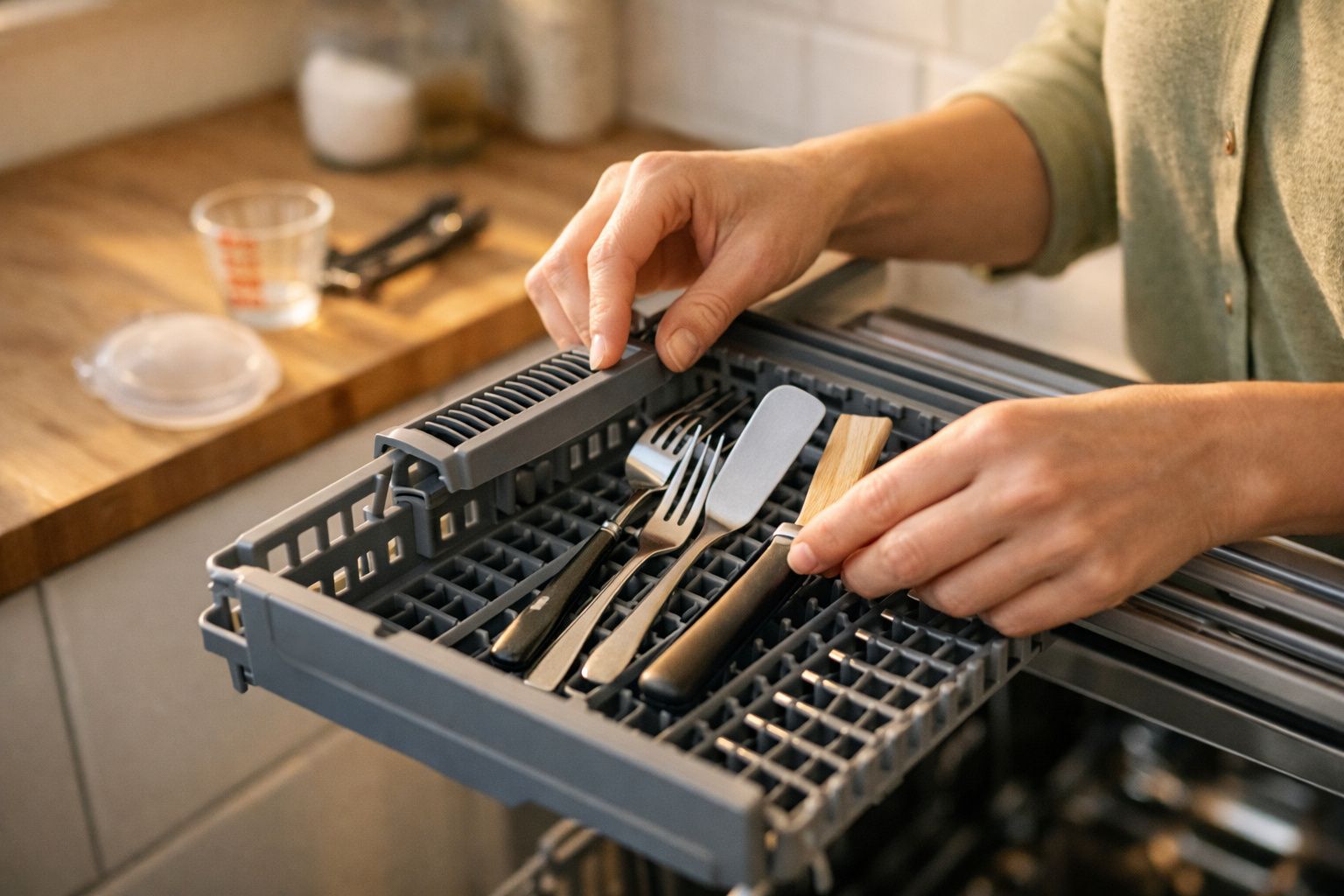 Pessoa a colocar talheres na gaveta superior de uma máquina de lavar louça.