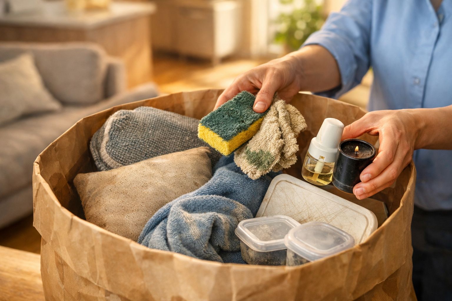 Pessoa organiza cesto com esponja, panos, frascos e recipientes numa sala de estar.
