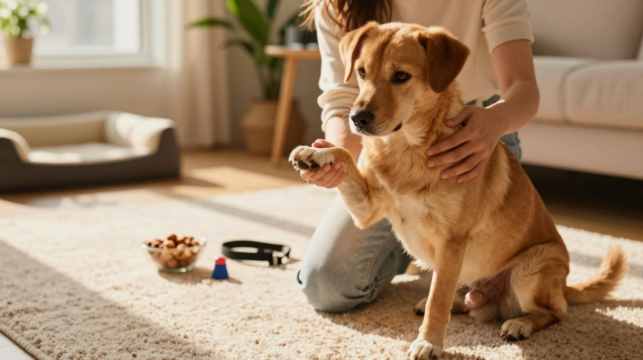 Mulher a treinar cão em casa, segurando a pata. Cama, taça de comida e brinquedo visíveis no tapete.