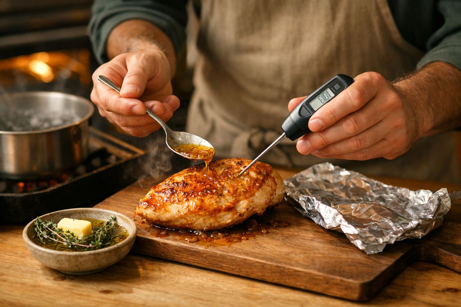 Pessoa verifica a temperatura de um peito de frango assado com um termómetro digital, enquanto rega com molho.