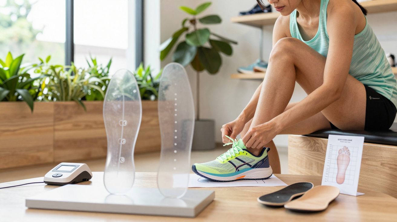 Mulher a apertar atacadores de sapato de corrida numa loja, ao lado de palmilhas e avaliação de pisada.