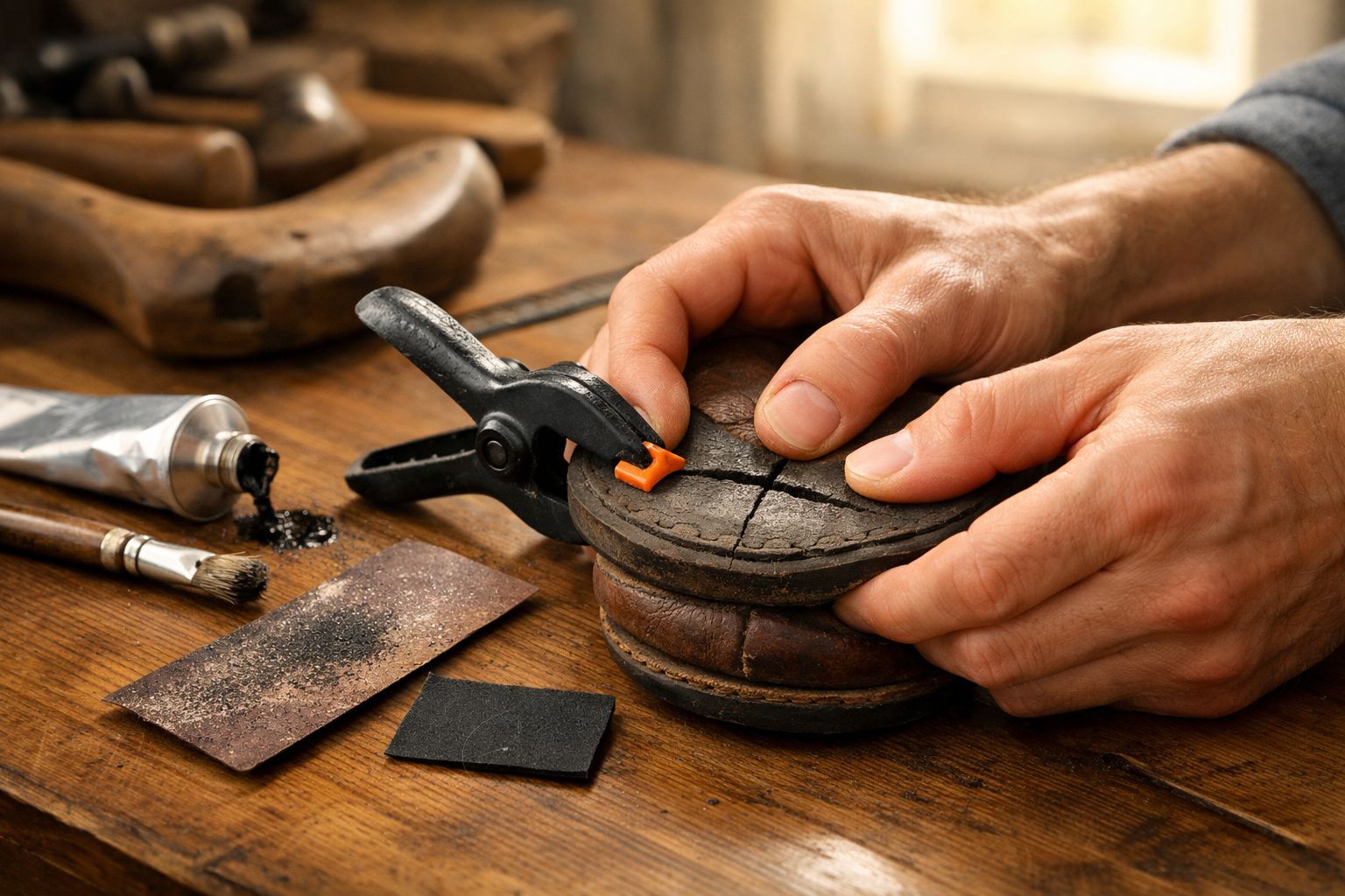 Pessoa a reparar uma sola de sapato, usando uma pinça. Ferramentas estão sobre a mesa de madeira.