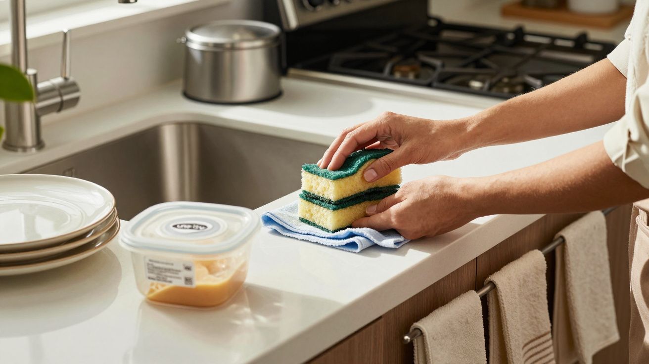 Pessoa limpa bancada de cozinha com esponja verde e amarela, ao lado de pratos e recipiente de plástico.