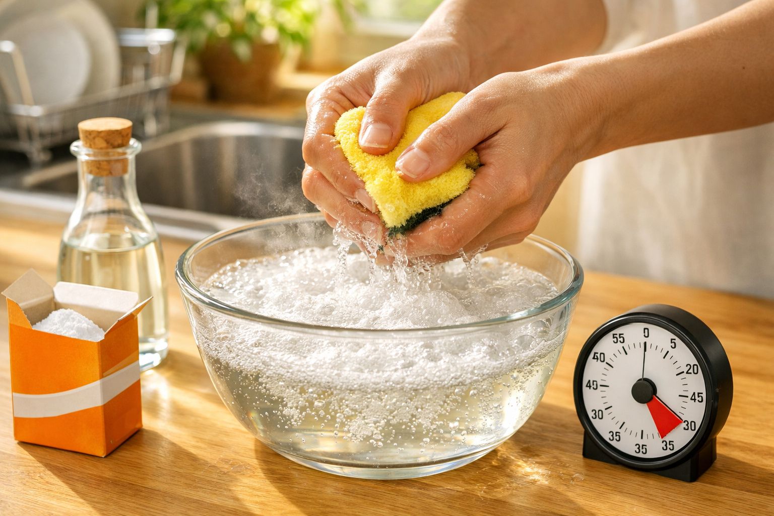 Mãos a espremer uma esponja amarela numa tigela com espuma; um temporizador e ingredientes na bancada.