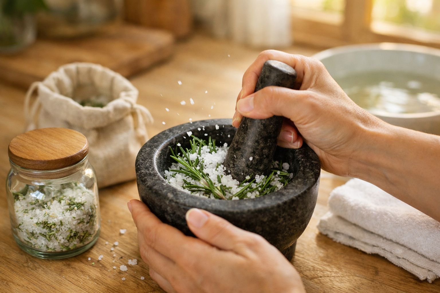 Mãos a moer sal grosso e alecrim num almofariz de pedra, com um frasco de sal ao lado sobre uma mesa de madeira.