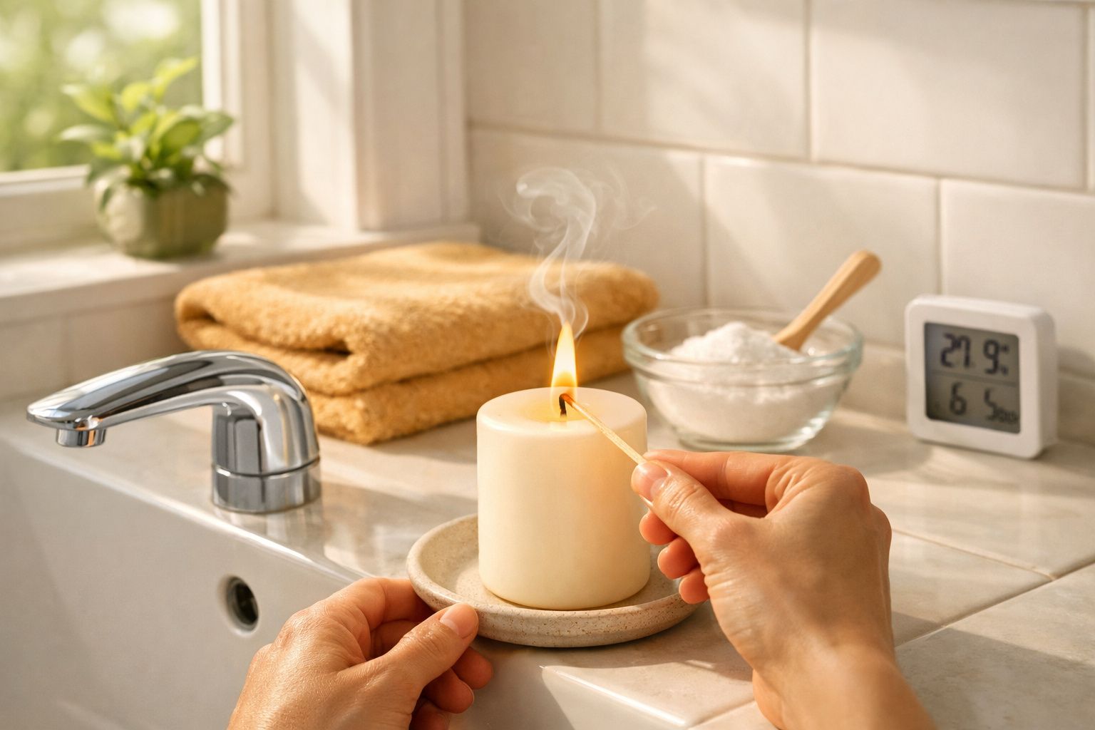 Mãos acendem vela branca em casa de banho. Toalha, saboneteira e termómetro digital ao fundo.