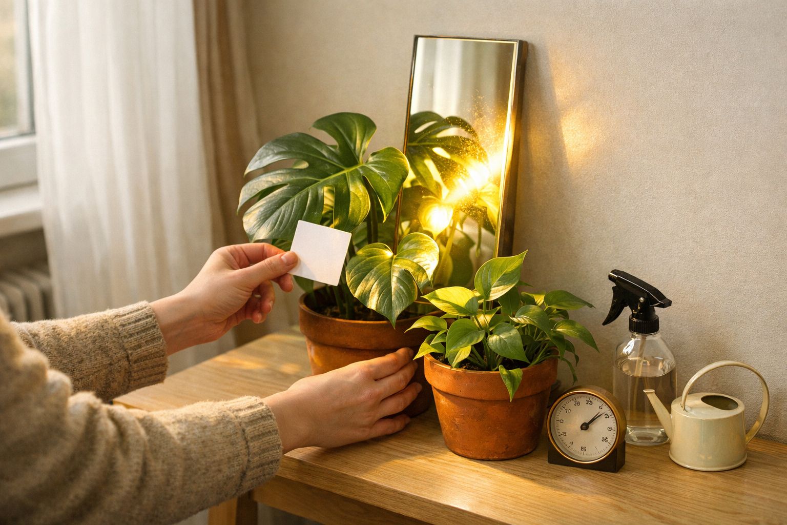 Duas plantas em vasos, uma mão segurando um papel, espelho atrás, regador, vaporizador e relógio sobre a mesa.